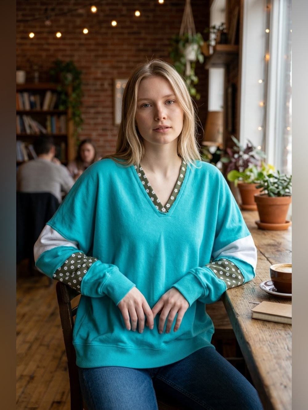 POL Oversized Teal Hoodie with White and Olive Floral Trim, Small